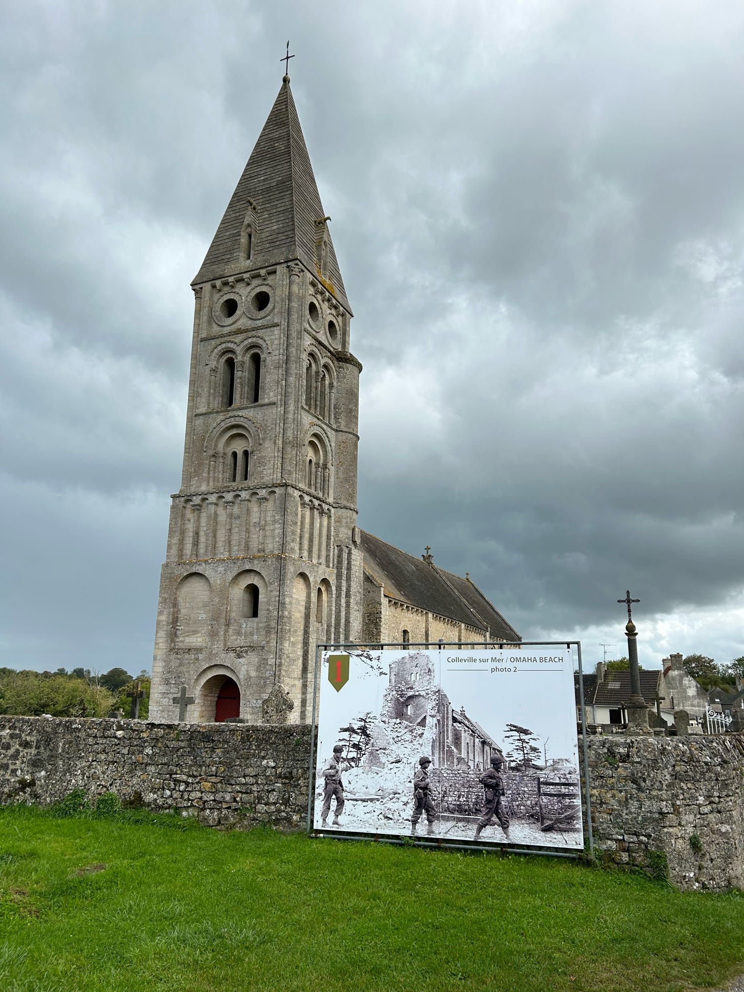 Église Notre-Dame, Colleville-sur-Mer with before and after photo from WWII